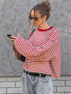 Cocolii rouge et blanche femme rayé t-shirt col rond manches longues décontracté ample casual haut marinière femme