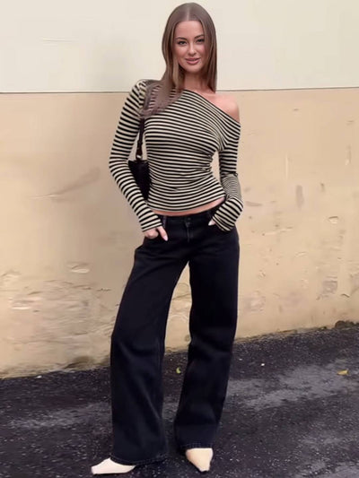 Cocolii hauts t-shirt rayé une épaule manches longues femme élégant décontracté mode casual haut court slim fit chic