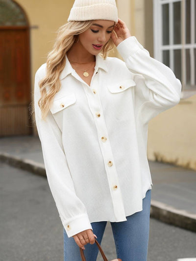 Cocolii blouse unicolore boutonnage poches manches longues femme élégant décontracté lâche