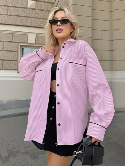 Cocolii blouse rayé col chemise boutonnage poches manches longues femme décontracté oversized casual