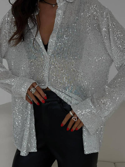 Cocolii chemisier brillante paillette col chemise manches longues femme élégant décontracté oversized blouse