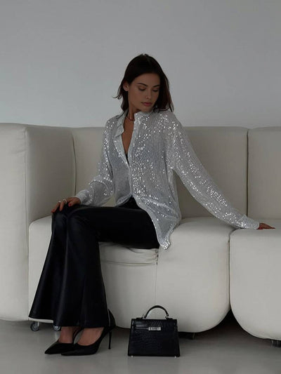 Cocolii chemisier brillante paillette col chemise manches longues femme élégant décontracté oversized blouse