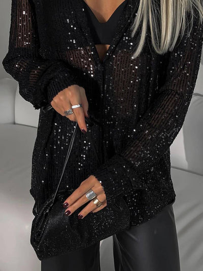 Cocolii chemisier brillante paillette col chemise manches longues femme élégant décontracté oversized blouse