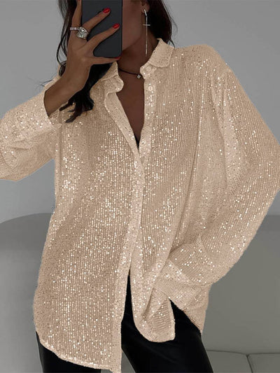 Cocolii chemisier brillante paillette col chemise manches longues femme élégant décontracté oversized blouse