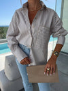 Cocolii blouse rayé boutonnage col chemise manches longues femme élégant style tailleur décontracté oversized