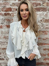 Cocolii chemisier femme mousseline à volantée v-cou col jabot manches évasées doux élégant décontracté blouse
