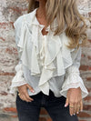 Cocolii chemisier femme mousseline à volantée v-cou col jabot manches évasées doux élégant décontracté blouse