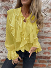 Cocolii chemisier femme mousseline à volantée v-cou col jabot manches évasées doux élégant décontracté blouse