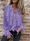 Cocolii chemisier femme mousseline à volantée v-cou col jabot manches évasées doux élégant décontracté blouse