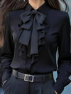 Cocolii chemisier femme avec noeud papillon contrastant col jabot manches bishop casual blouse pour bureau