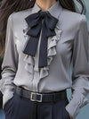 Cocolii chemisier femme avec noeud papillon contrastant col jabot manches bishop casual blouse pour bureau