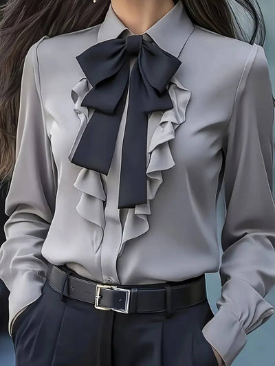 Cocolii chemisier femme avec noeud papillon contrastant col jabot manches bishop casual blouse pour bureau