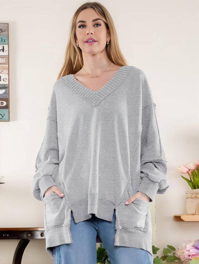 Cocolii sweatshirt unicolore v-cou manches longues poches femme décontracté ample casual huats d'automne