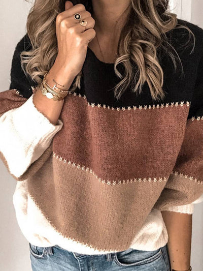 Cocolii pull en maille rayé couleur bloc col rond manches longues femme casual mode décontracté automne hiver