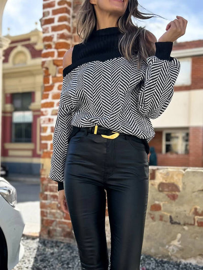 Cocolii pull chevrons épaules fendues col montant manches longues femme élégant décontracté ample casual hauts