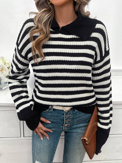 Cocolii pull rayé polo manches longues femme élégant décontracté casual hauts