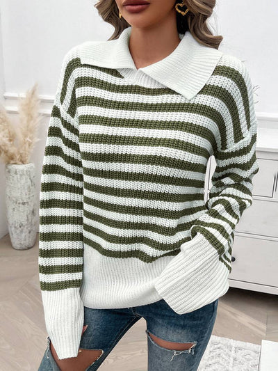 Cocolii pull rayé polo manches longues femme élégant décontracté casual hauts