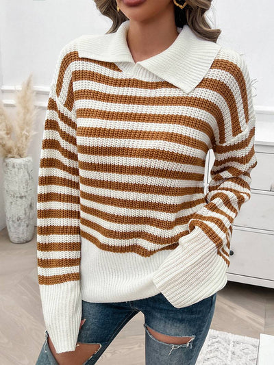 Cocolii pull rayé polo manches longues femme élégant décontracté casual hauts
