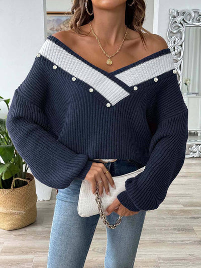 Cocolii pull en maille avec pearl décolleté plongeant manches longues femme décontracté casual hauts