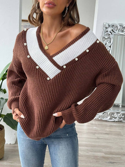 Cocolii pull en maille avec pearl décolleté plongeant manches longues femme décontracté casual hauts