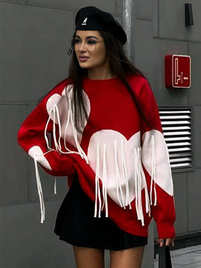 Cocolii pull coeur frange col rond manches longues femme décontracté ample oversized la saint valentin hauts