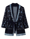 Cocolii cardigans femme bohème court bleu marine frange ceinture manches longues tricot motif cachemire kimono veste chic
