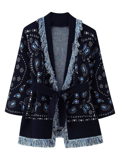 Cocolii cardigans femme bohème court bleu marine frange ceinture manches longues tricot motif cachemire kimono veste chic