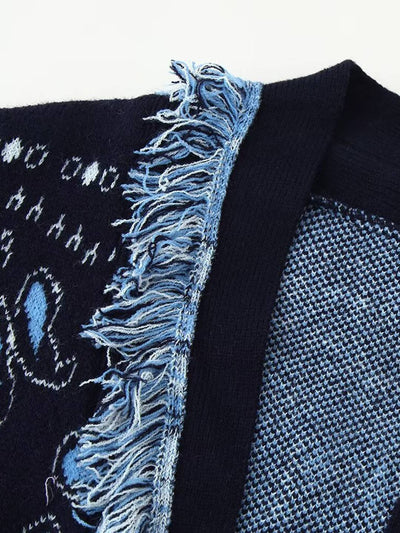 Cocolii cardigans femme bohème court bleu marine frange ceinture manches longues tricot motif cachemire kimono veste chic