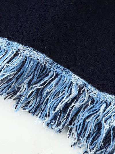 Cocolii cardigans femme bohème court bleu marine frange ceinture manches longues tricot motif cachemire kimono veste chic