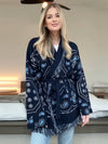Cocolii cardigans femme bohème court bleu marine frange ceinture manches longues tricot motif cachemire kimono veste chic