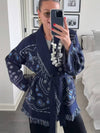 Cocolii cardigans femme bohème court bleu marine frange ceinture manches longues tricot motif cachemire kimono veste chic