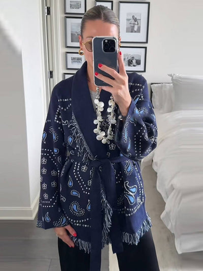 Cocolii cardigans femme bohème court bleu marine frange ceinture manches longues tricot motif cachemire kimono veste chic