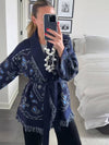 Cocolii cardigans femme bohème court bleu marine frange ceinture manches longues tricot motif cachemire kimono veste chic