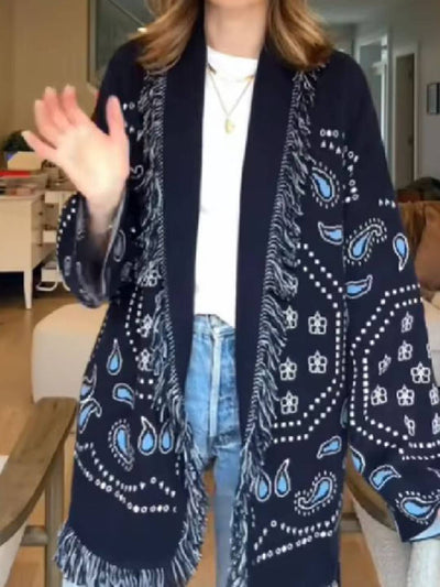 Cocolii cardigans femme bohème court bleu marine frange ceinture manches longues tricot motif cachemire kimono veste chic