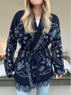 Cocolii cardigans femme bohème court bleu marine frange ceinture manches longues tricot motif cachemire kimono veste chic