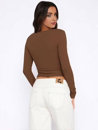 Cocolii hauts cropped unicolore boutonnage boutons manches longues femme élégant décontracté mode casual