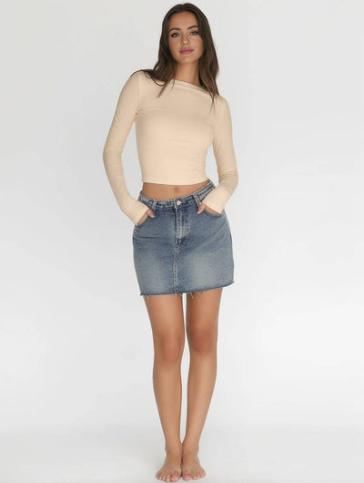 Cocolii hauts cropped unicolore col bateau manches longues femme élégant décontracté mode casual